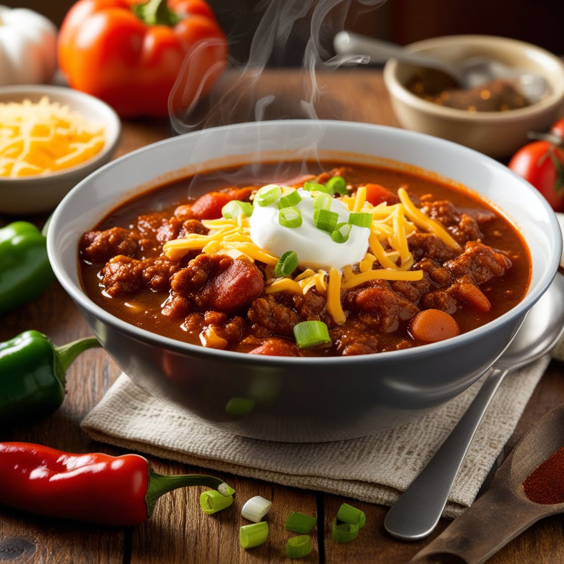 Authentic Texas Chili with Fresh Toppings and Ingredients