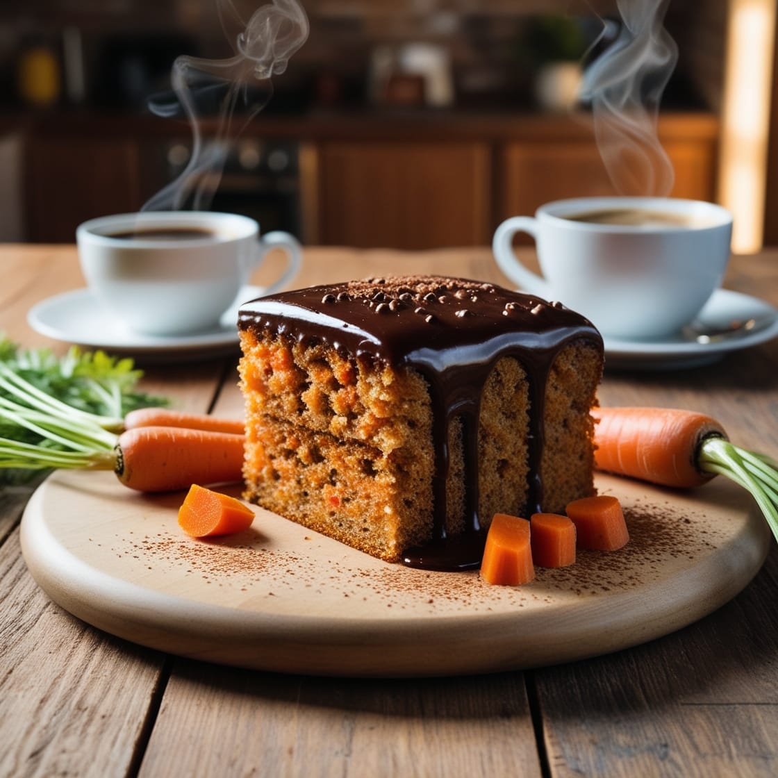 A beautifully styled slice of Brazilian Carrot Cake, showcasing the rich texture and glossy chocolate glaze, on a rustic wooden table. This image highlights the delicious Brazilian Carrot Cake recipe, set in a cozy atmosphere with warm lighting