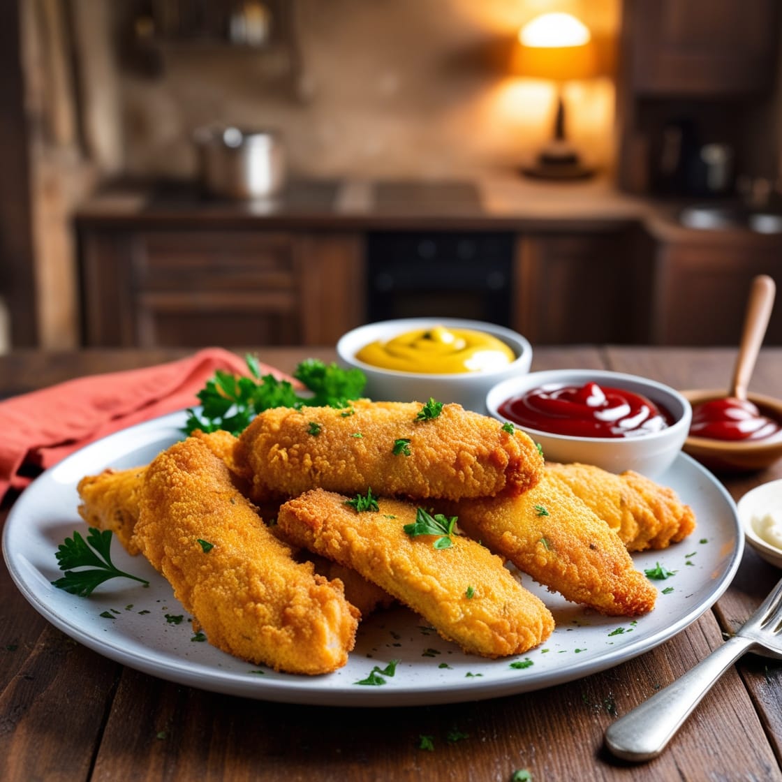 Plate of golden brown Easy Baked Chicken Tenders garnished with parsley, served with honey mustard and ketchup dipping sauces in a rustic kitchen setting