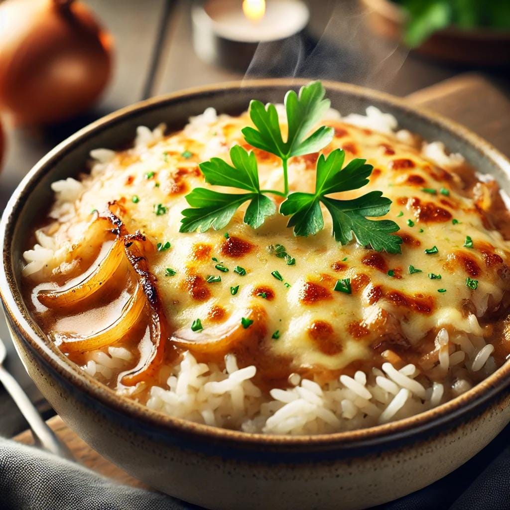 Bowl of French Onion Soup Rice with caramelized onions and melted cheese, garnished with parsley