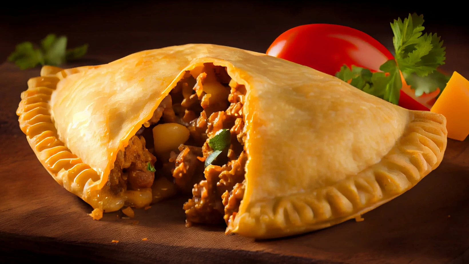 Golden Jamaican beef patty with a flaky crust.