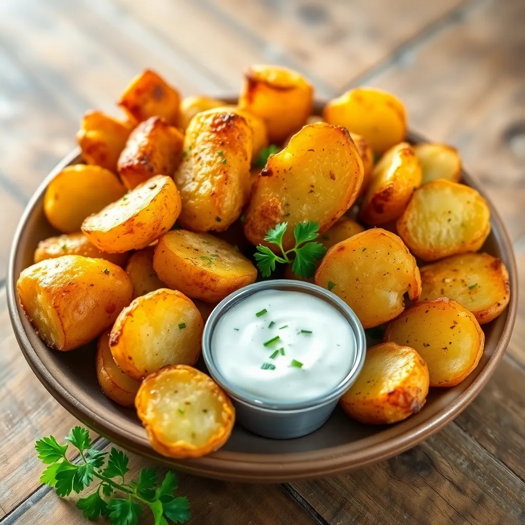 Crispy, golden ranch potatoes served in a bowl, garnished with fresh herbs, showcasing their crunchy texture and flavorful seasoning
