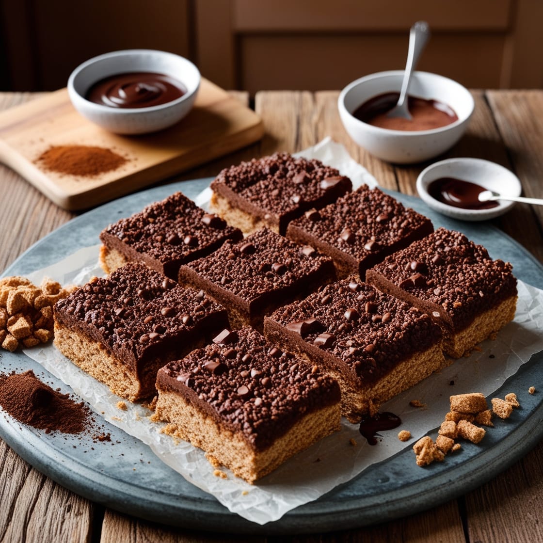 Close-up of Chocolate Weetbix Slice squares topped with chocolate icing, displayed on a wooden board with scattered Weetbix crumbs and cocoa powder