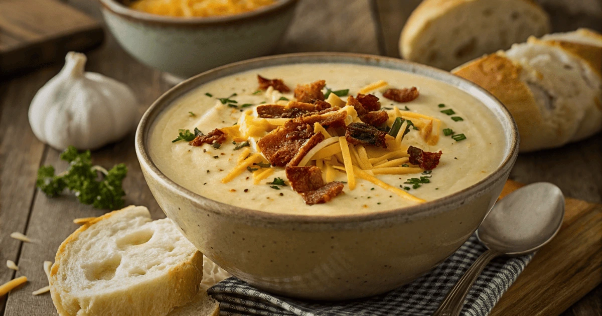 Roasted Garlic Cheddar Cauliflower Soup