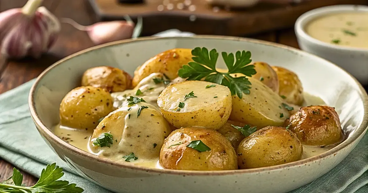 Easy Creamy Garlic Sauce Baby Potatoes
